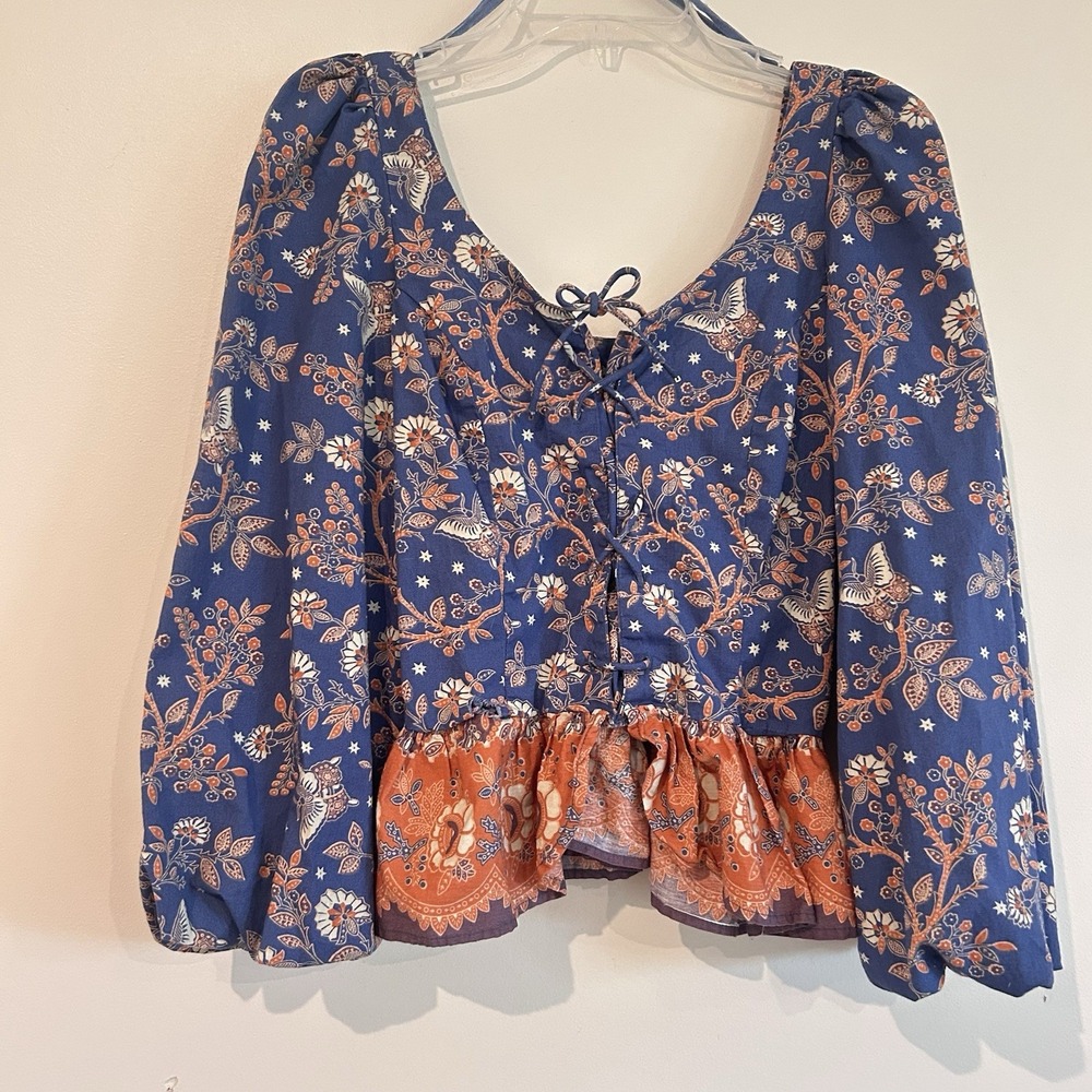 House of Harlow 1960 Blouse Sz XS Floral Boho Peplum Puff Sleeve Peasant Lace Up